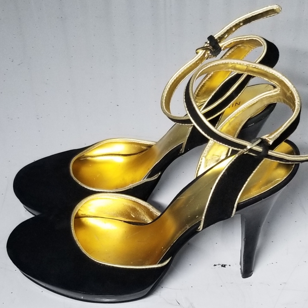Black Strappy Heels with Gold Accents
